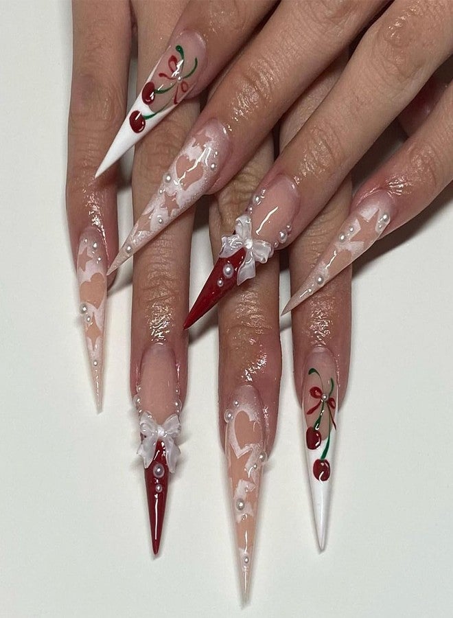 CTTHNBD Long Press Stiletto Pink False French Tip Acrylic Nails with 3D Bow Cherry Design Glue on Heart Star Full Cover Stick on Nails for Women Manicure 24Pcs - Image 2